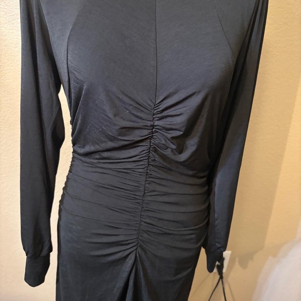 NWT 19 Cooper Dress Large Black Long Balloon Sleeves Ruched Lined Sexy Stretch - Picture 3 of 15